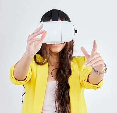 Buy stock photo Vr, metaverse and woman with 3d glasses in studio isolated on a white background. Virtual reality, futuristic and person with digital technology for fantasy, gaming and cyber experience on internet.