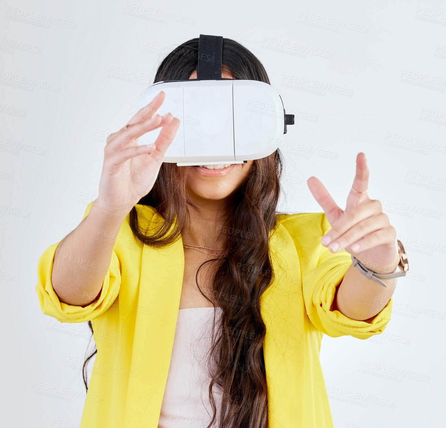 Buy stock photo Vr, metaverse and woman with 3d glasses in studio isolated on a white background. Virtual reality, futuristic and person with digital technology for fantasy, gaming and cyber experience on internet.