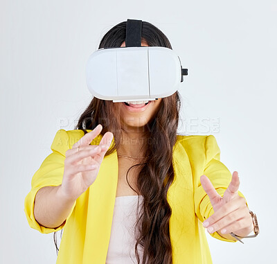 Buy stock photo Virtual reality, metaverse and happy woman with technology in studio isolated on a white background. Vr, futuristic and person with digital 3d glasses for fantasy experience, cyber gaming or internet