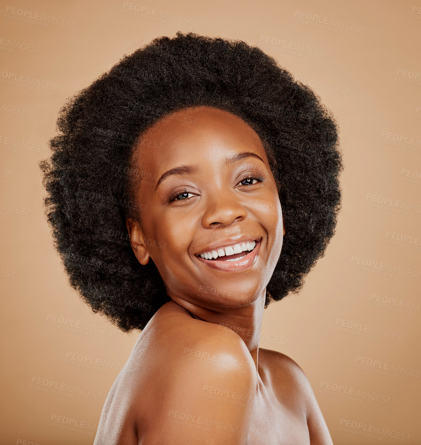 Buy stock photo Happy, skincare and portrait of a black woman with a glow from dermatology, salon or wellness. Smile, beauty and face of an African model with care for skin isolated on a brown background in a studio