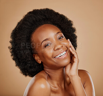 Buy stock photo Skincare, beauty and portrait of a woman in studio with self care, natural and wellness face routine. Cosmetic, health and African female model with a facial dermatology treatment by brown background
