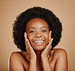 Portrait, happy black woman and touch face for skincare, aesthetic glow and soft dermatology on brown background. Female model, natural beauty and afro hair in studio for shine, facial and self care