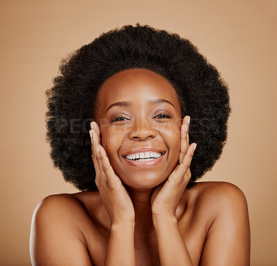 Buy stock photo Portrait, happy black woman and touch face for skincare, aesthetic glow and soft dermatology on brown background. Female model, natural beauty and afro hair in studio for shine, facial and self care
