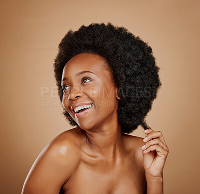 Buy stock photo Thinking, black woman and hair care for afro, healthy and wellness in studio isolated on a brown background. Growth, hairstyle and happy African model with natural cosmetics after salon treatment.