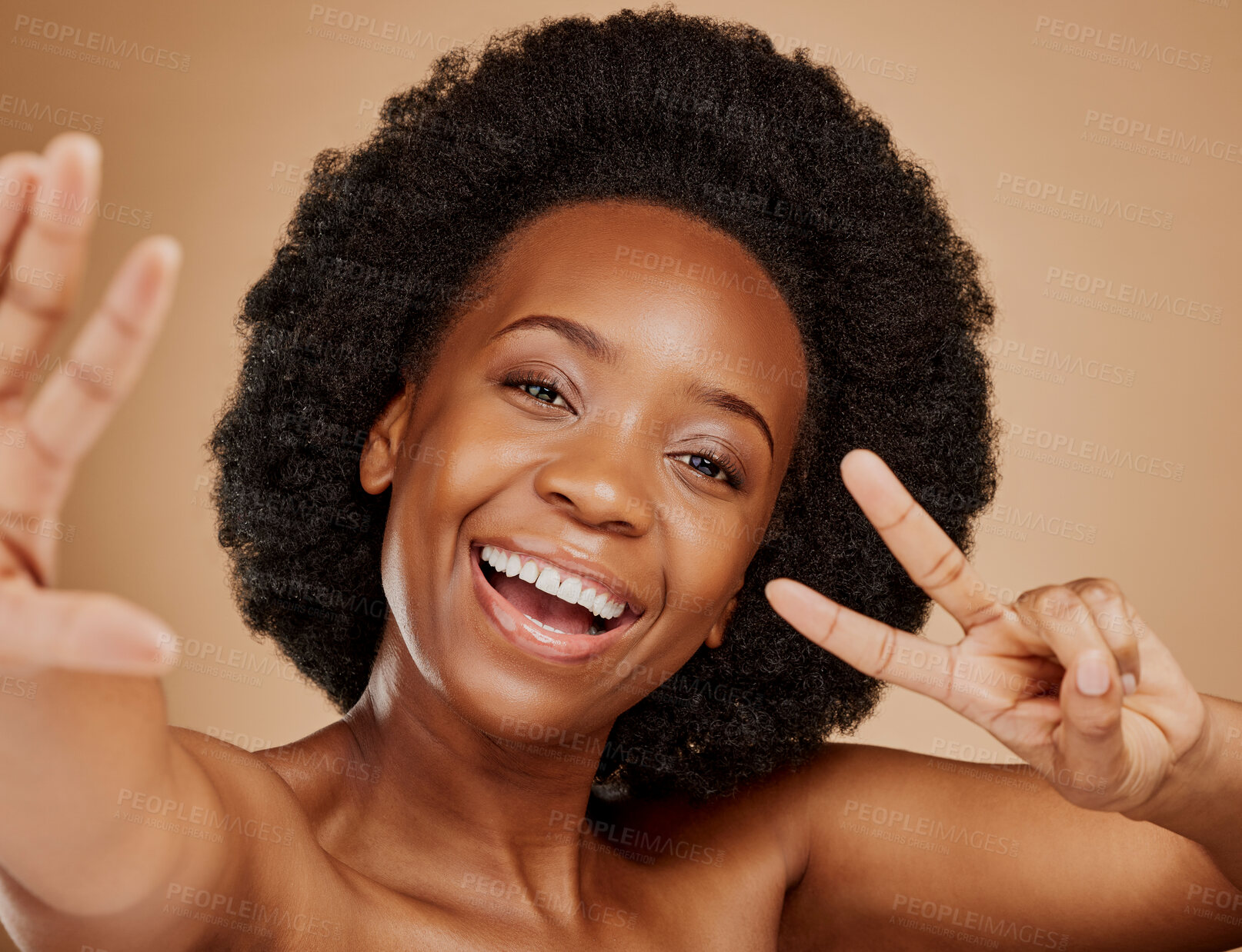 Buy stock photo Face, black woman and selfie, peace sign and beauty in studio isolated on a brown background. Portrait, v hand and excited African model taking profile picture with natural cosmetics for skincare.