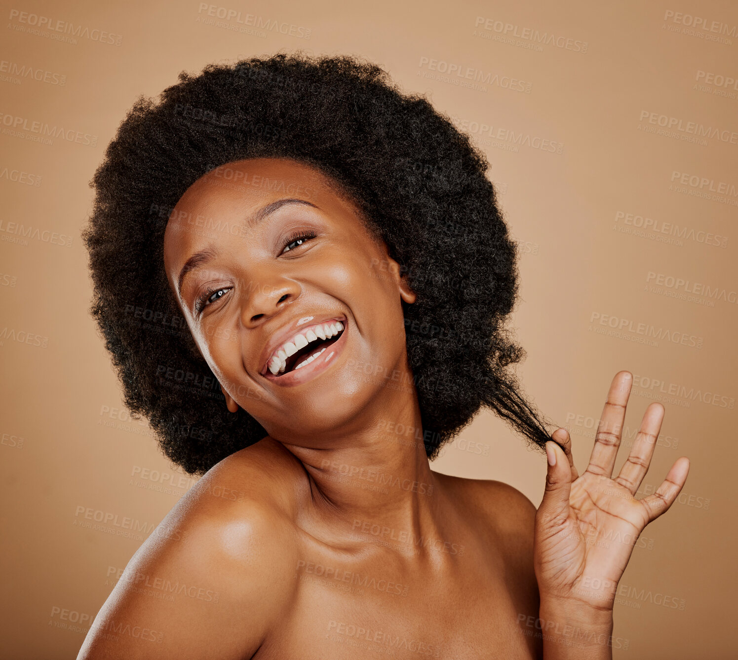 Buy stock photo Portrait, smile and black woman pulling hair, growth and wellness against a brown studio background. Face, female person and happy model with beauty, luxury and volume with fun, playful and cosmetics