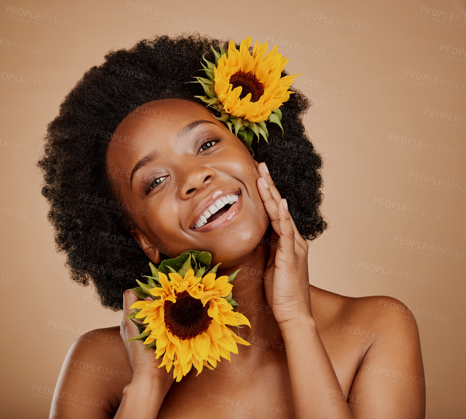 Buy stock photo Portrait, skincare and sunflower with a model black woman in studio on a brown background for cosmetics. Face, beauty or natural and a happy young female person with a flower in her afro hair