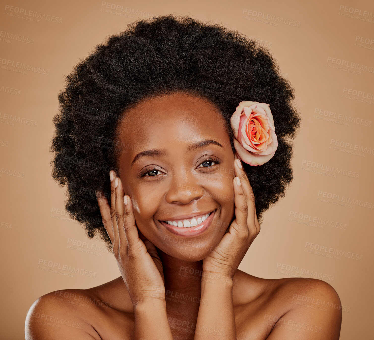 Buy stock photo Beauty, flower and portrait of an African woman in studio with skincare, natural and face routine. Cosmetic, health and female model with floral rose in hair for facial treatment on brown background