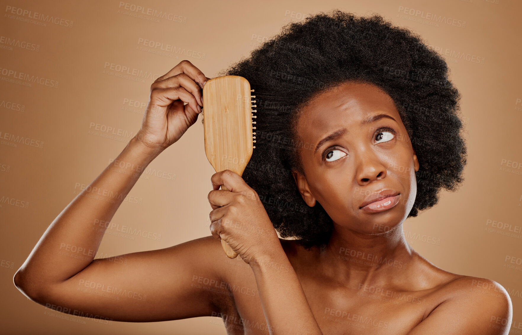 Buy stock photo Black woman, hair care and worry with brush in studio, brown background and curly afro. Beauty, sad female model and comb tangled knot in hairstyle with anxiety, stress and unhappy with dry texture