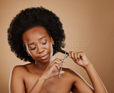 Buy stock photo Afro haircut, scissors and black woman with beauty problem, salon treatment or breakage. Cosmetics, young and African girl or model with a tool to cut or trim dameged hairstyle on a studio background