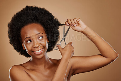 Buy stock photo Haircut, scissors or happy black woman with afro in studio on brown background for positive change. Smile, transformation or natural African girl at hairdresser salon for hairstyle or beauty makeover