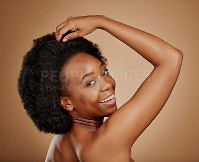 Buy stock photo Portrait, beauty and black woman with skincare, makeup and wellness against a brown studio background. Face, female person or model with dermatology, cosmetics and happiness with luxury and aesthetic