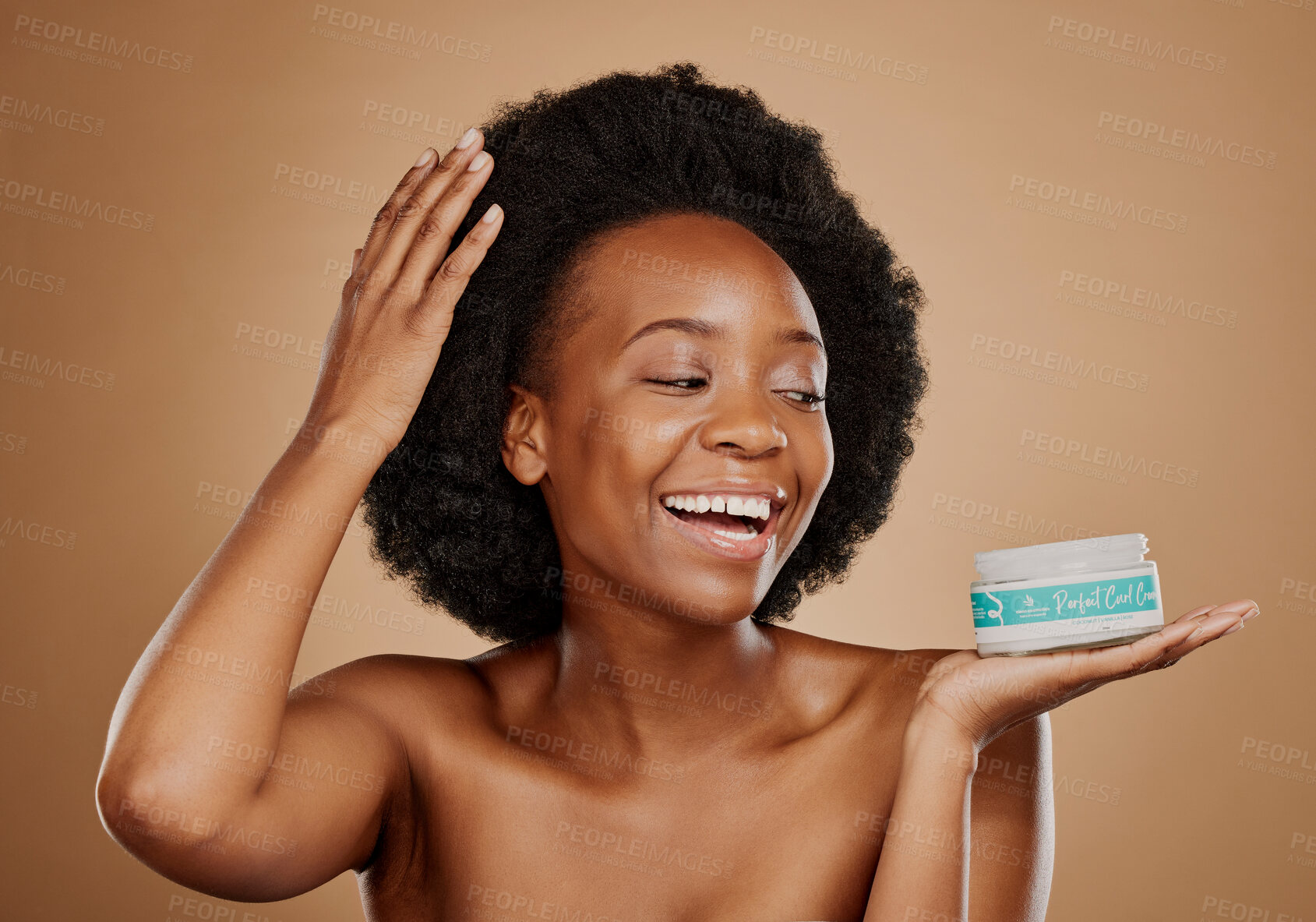 Buy stock photo Beauty, thinking and a black woman with a product for hair care, wellness and shine. Smile, glow and an African girl or model with a vision for afro cosmetics in a container on a studio background