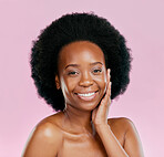 Portrait, beauty and black woman with dermatology, skincare and cosmetics against a pink studio background. Face detox, female person or happy model with treatment, happiness and wellness with makeup