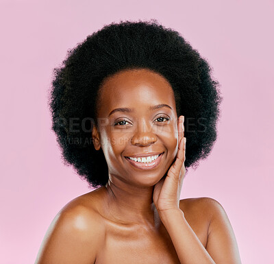 Buy stock photo Portrait, beauty and black woman with dermatology, skincare and cosmetics against a pink studio background. Face detox, female person or happy model with treatment, happiness and wellness with makeup