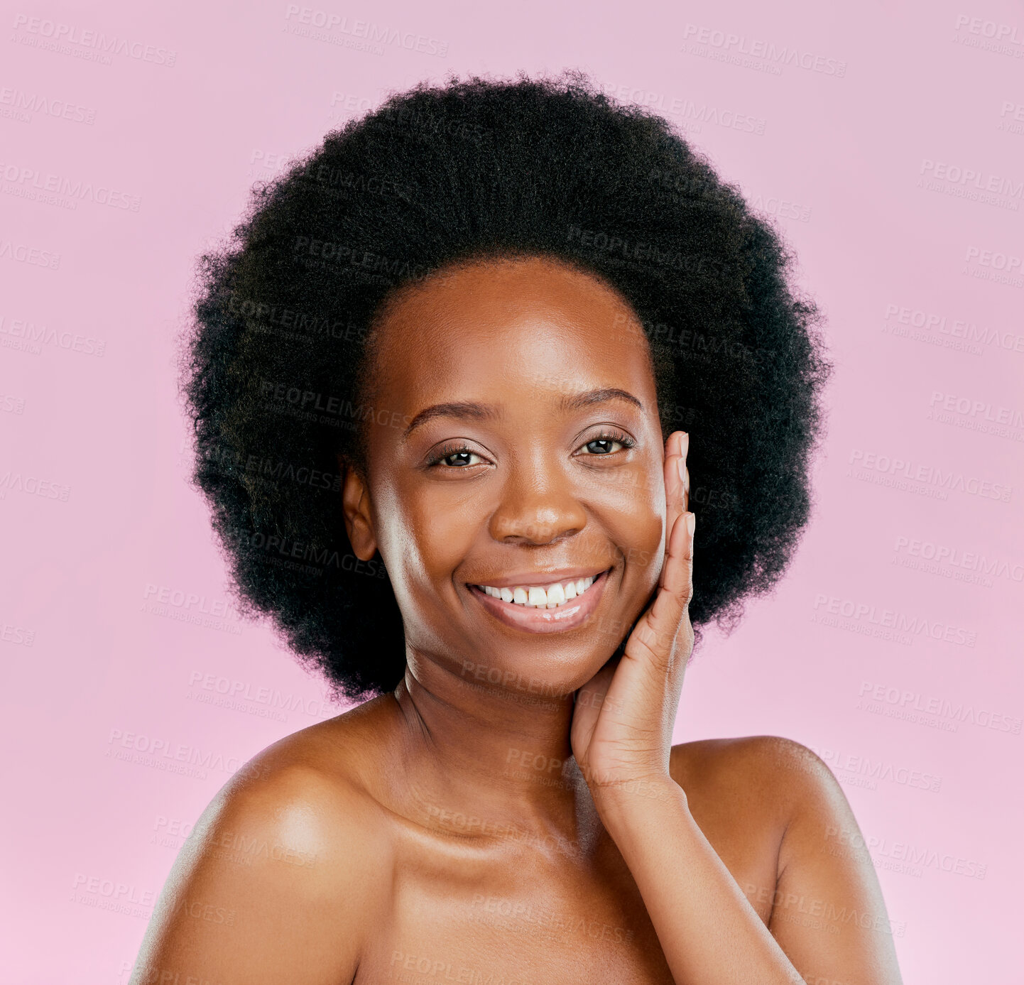 Buy stock photo Portrait, beauty and black woman with dermatology, skincare and cosmetics against a pink studio background. Face detox, female person or happy model with treatment, happiness and wellness with makeup