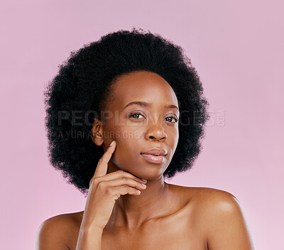 Buy stock photo Portrait, beauty and black woman with dermatology, cosmetics and wellness against a pink studio background. Face, female person or model with treatment, luxury and makeup with self care and aesthetic