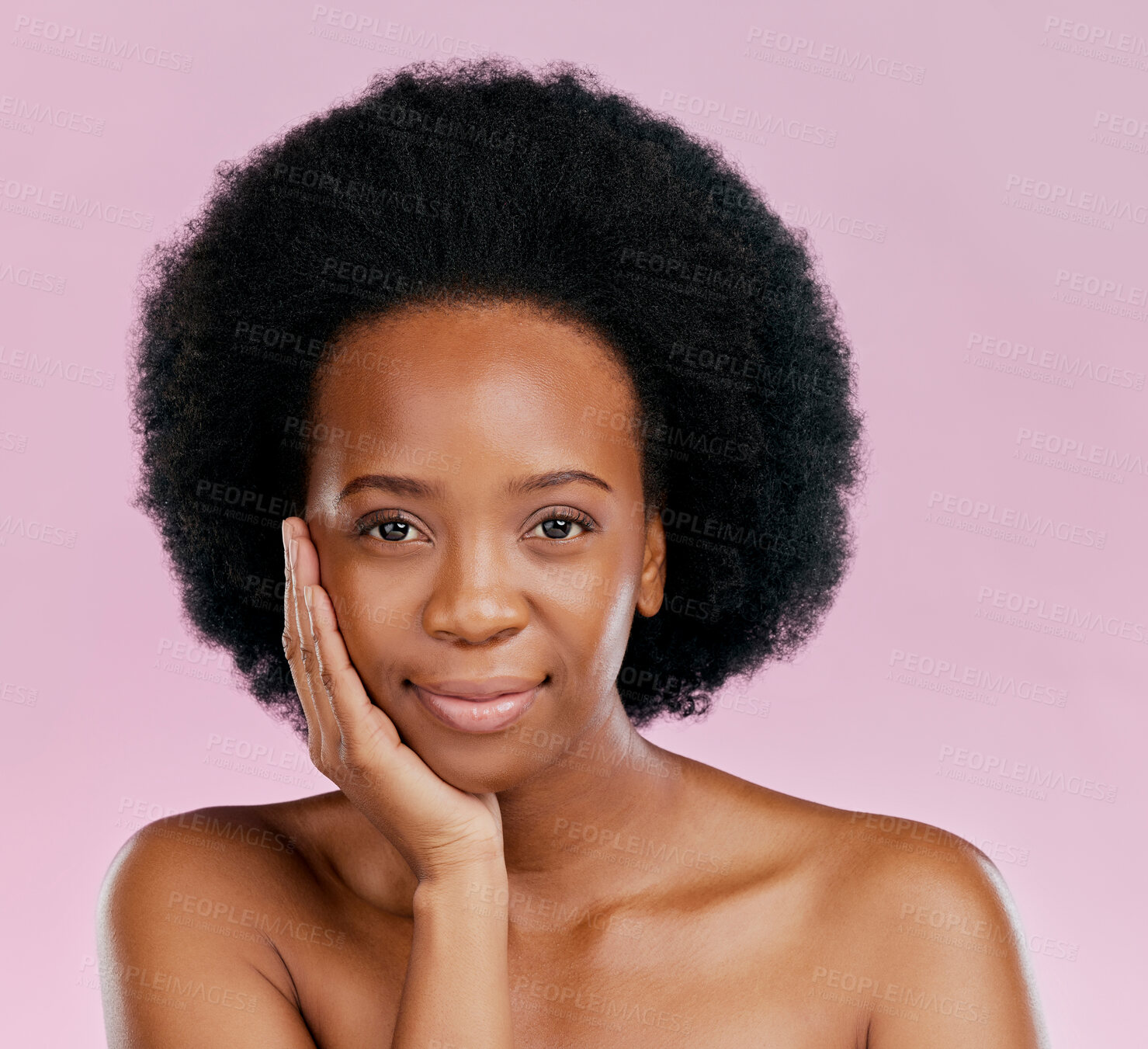 Buy stock photo Health, skincare and portrait of black woman with beauty glow, spa treatment or wellness. Dermatology, moisture and African girl or model with afro and cosmetic care isolated on a studio background