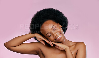Buy stock photo Relax, skincare or happy black woman with glow from dermatology, salon cosmetics or wellness. Smile, hands or face of an African model with beauty or self love isolated on a pink background in studio
