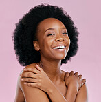 Face, skincare and happy black woman with beauty in studio isolated on a pink background. Portrait, natural cosmetics and African model with spa facial treatment for wellness, aesthetic and health.