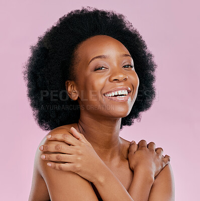 Buy stock photo Face, skincare and happy black woman with beauty in studio isolated on a pink background. Portrait, natural cosmetics and African model with spa facial treatment for wellness, aesthetic and health.