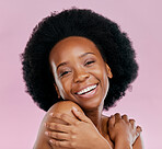 Face, skincare and excited black woman with beauty in studio isolated on a pink background. Portrait, natural cosmetics and African model with spa facial treatment for wellness, aesthetic and health.