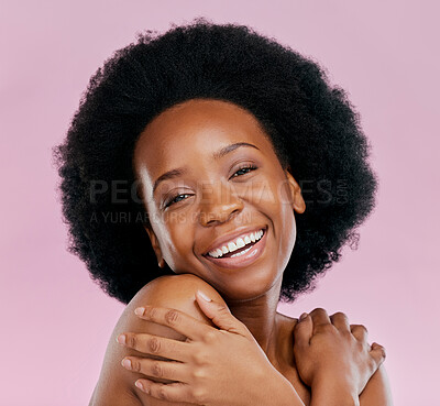 Buy stock photo Face, skincare and excited black woman with beauty in studio isolated on a pink background. Portrait, natural cosmetics and African model with spa facial treatment for wellness, aesthetic and health.