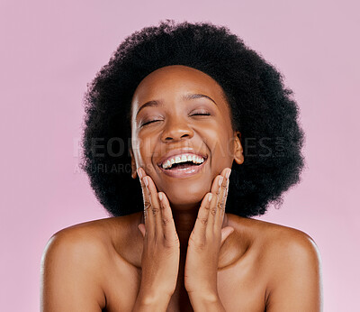 Buy stock photo Funny, cosmetics and black woman with skincare, luxury and grooming on a pink studio background. Female person, model or girl with humor, dermatology or natural beauty with self care, smile or makeup