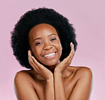 Black woman, face and natural beauty, happy with afro hair and skin glow from cosmetics on pink background. African female model, texture and portrait, facial and skincare with dermatology in studio