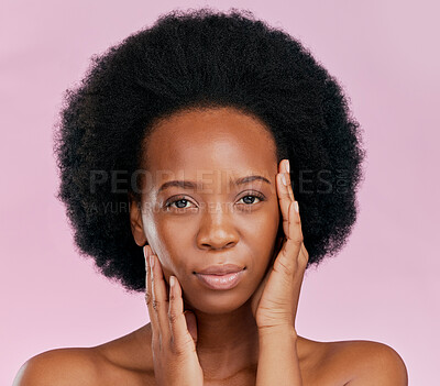 Buy stock photo Black woman, touching face and natural beauty with afro hair, skin glow and cosmetics on pink background. African female mode, texture and portrait, facial and skincare with dermatology in studio