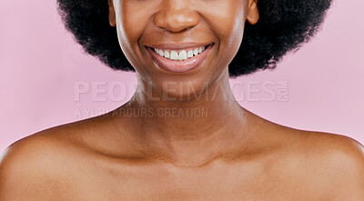 Buy stock photo Closeup, natural or black woman with a smile, mouth or wellness with oral care or skincare on a studio background. Zoom, female person or model with cosmetics, lip gloss and beauty with glow or shine