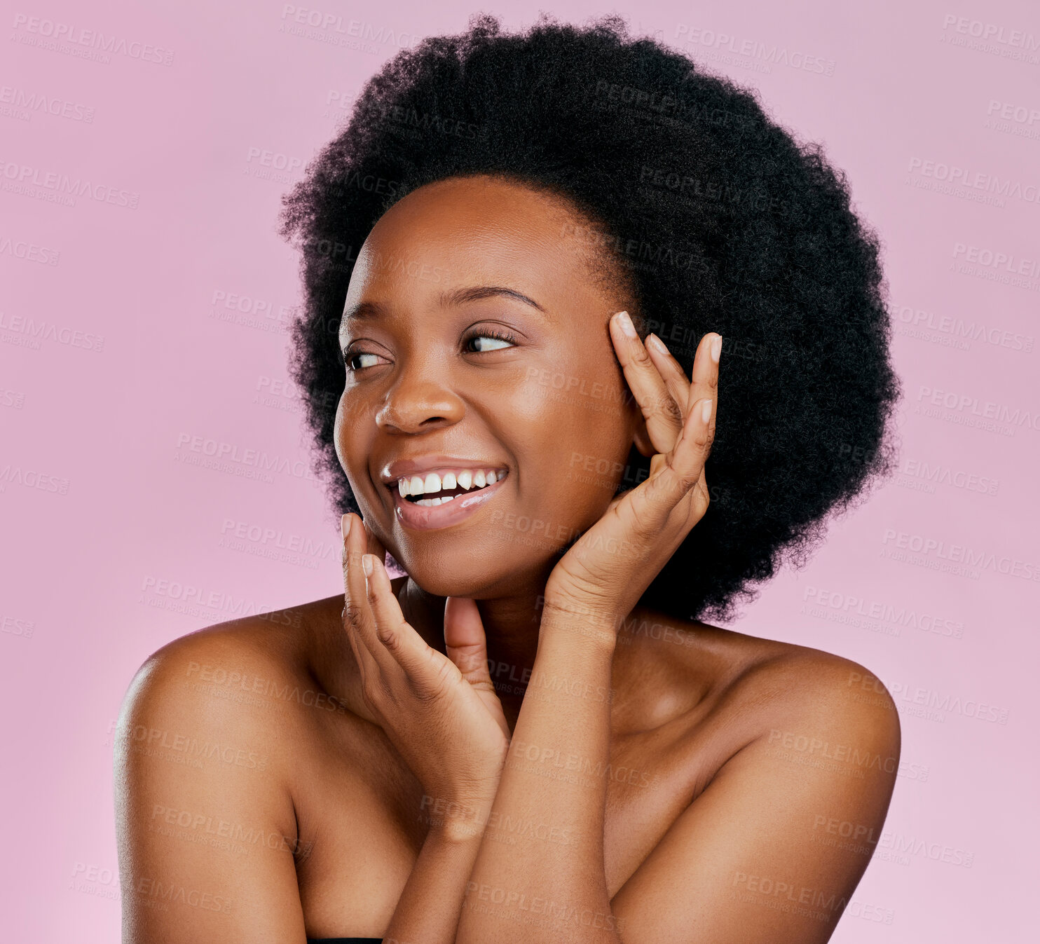 Buy stock photo Afro, beauty or happy black girl thinking of dermatology, salon cosmetics or skincare in studio. Wellness, smile or face of African model with hair care or self love isolated on a pink background 