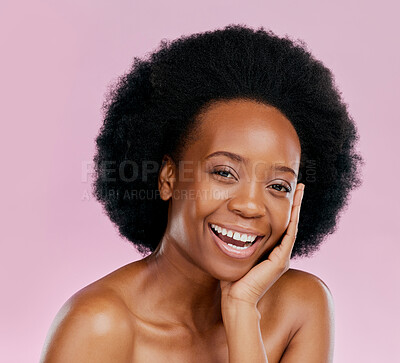 Buy stock photo Portrait, makeup and black woman with dermatology, wellness and cosmetics on a pink studio background. Face detox, female person and model with treatment, happiness and natural beauty with grooming