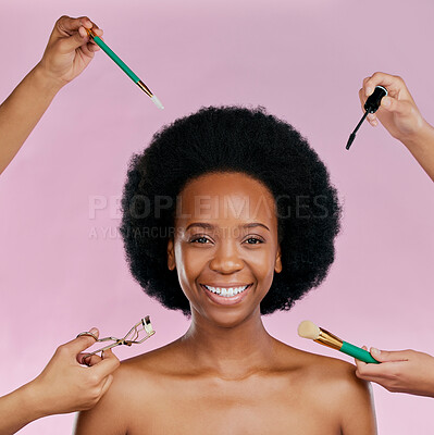 Buy stock photo Portrait, smile and black woman with cosmetic tools, dermatology or happiness against a studio background. Face, female person or model with makeup, brushes or salon treatment with luxury or skincare