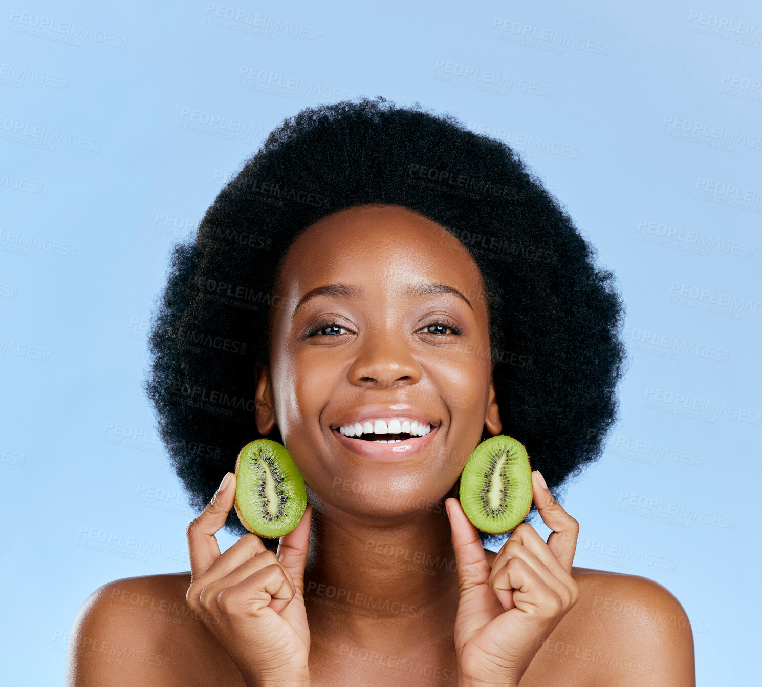 Buy stock photo Skincare portrait, kiwi and woman for beauty, cosmetics and natural product, healthy glow and vitamin c promotion. Face of African person or model, fruits and dermatology on a studio, blue background