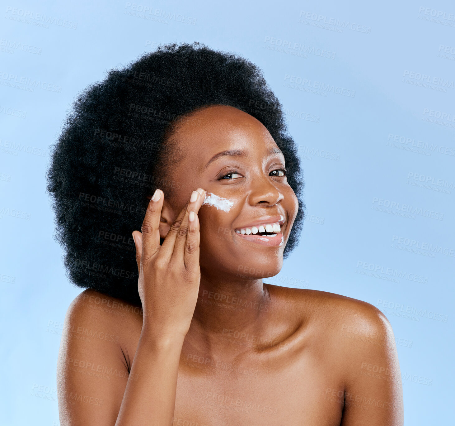 Buy stock photo Black woman, face and cream, beauty and cosmetic care with smile and skincare on blue background. Moisturizer, lotion and product for skin with sunscreen and portrait, female model and dermatology