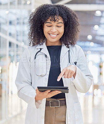 Buy stock photo Happy, doctor and woman with tablet for research in hospital, telehealth and healthcare. Technology, medical professional and African person on app for wellness, internet and typing email in clinic.