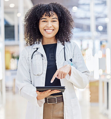 Buy stock photo Portrait, doctor and happy woman with tablet for research, telehealth and healthcare in hospital. Digital technology, medical professional and person from South Africa on app, internet and wellness.