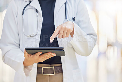 Buy stock photo Hands, doctor and digital tablet for research in hospital, telehealth and healthcare in clinic. Technology, medical professional and person on app for wellness, typing email and internet website.