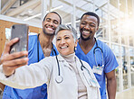 Memory, selfie and medical staff with collaboration, career and social media in a hospital, smile or cheerful. Doctors, nurse or group with connection, healthcare professional or teamwork with memory