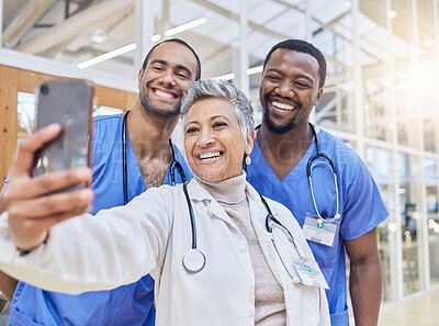Buy stock photo Memory, selfie and medical staff with collaboration, career and social media in a hospital, smile or cheerful. Doctors, nurse or group with connection, healthcare professional or teamwork with memory