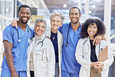 Buy stock photo Happy portrait, group and doctors for healthcare service, leadership and teamwork in hospital diversity. Professional medical woman, mentor and internship nurses in clinic management, hug and support