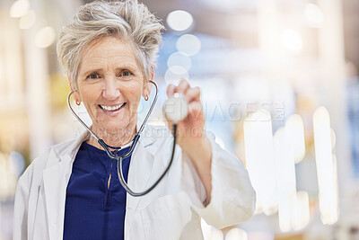 Buy stock photo Portrait, healthcare and stethoscope with an old woman doctor in the hospital for cardiology or treatment. Medical, heart health and wellness with a senior female medicine professional in a clinic