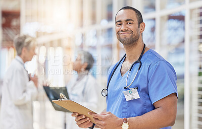 Buy stock photo Portrait, clipboard and doctor for healthcare service, leadership and schedule management in hospital lobby. Professional medical worker, person or nurse with clinic checklist, document or compliance
