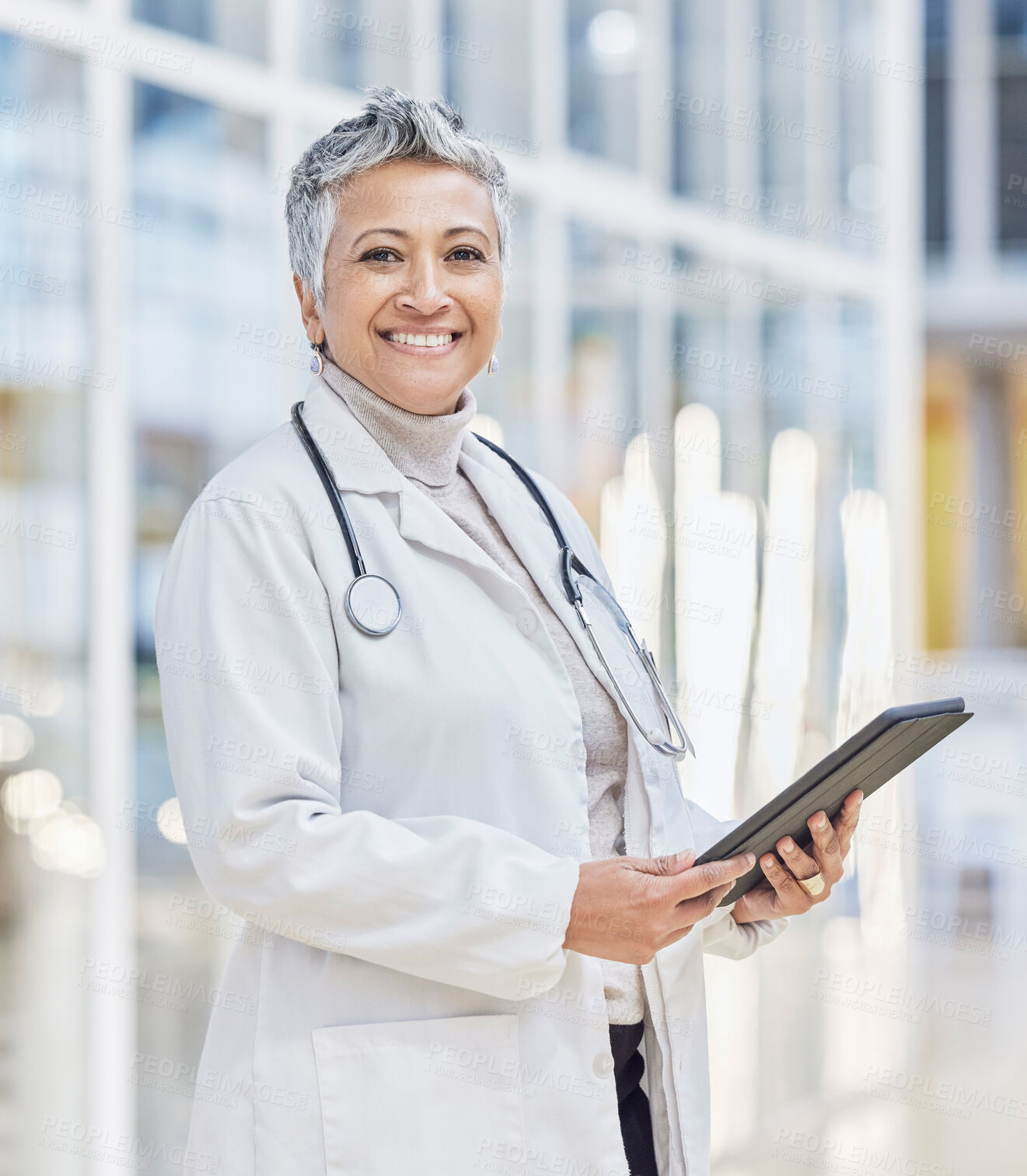 Buy stock photo Portrait of doctor, woman and tablet for medical review, data research and healthcare in hospital. Happy female physician, digital technology and planning telehealth network, connection or online app