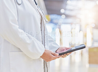 Buy stock photo Doctor, hands and person with tablet for medical information, data research or healthcare in hospital. Closeup of physician, digital technology and planning telehealth, internet app or online results