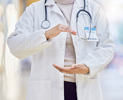 Hospital, doctor and hands of woman in circle for wellness, medical service and insurance in clinic. Healthcare, mockup and closeup of female health worker with hand shape for consulting innovation