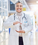 Hospital, doctor and portrait of woman with hand shape for wellness, medical service and insurance in clinic. Healthcare, cardiology and happy female health worker with gesture for innovation mockup