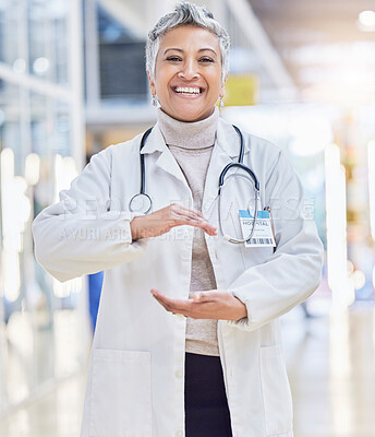 Buy stock photo Hospital, doctor and portrait of woman with hand shape for wellness, medical service and insurance in clinic. Healthcare, cardiology and happy female health worker with gesture for innovation mockup