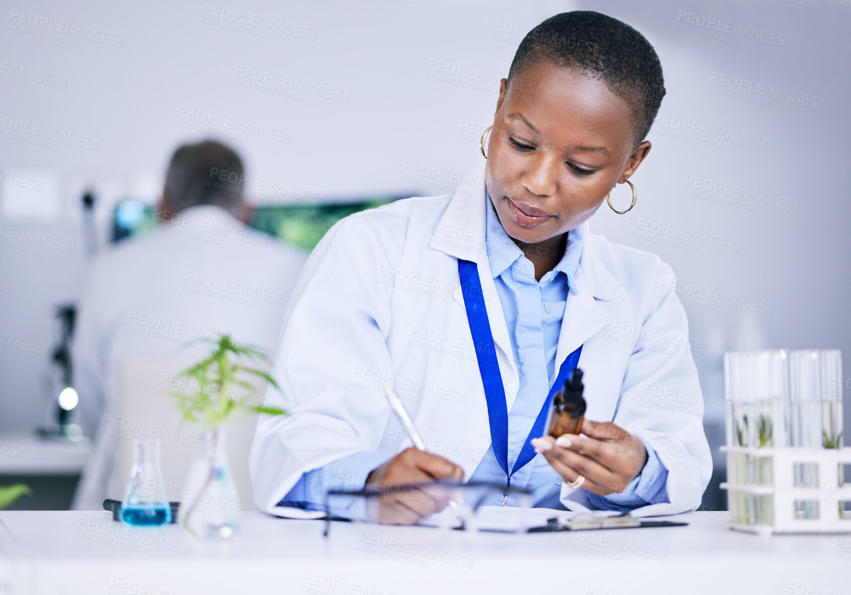 Buy stock photo Plants, dermatology and scientist woman with research notes, writing and natural skincare in laboratory. Cosmetics, bottle and medical doctor or african person in science for eco and vegan safety